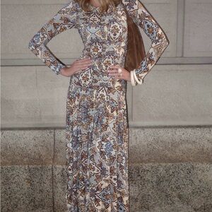 FARM Rio Blue and Cream Patterned Long Sleeve Dress